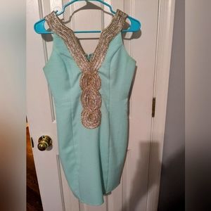 Robin egg blue dress with gold/silver accent